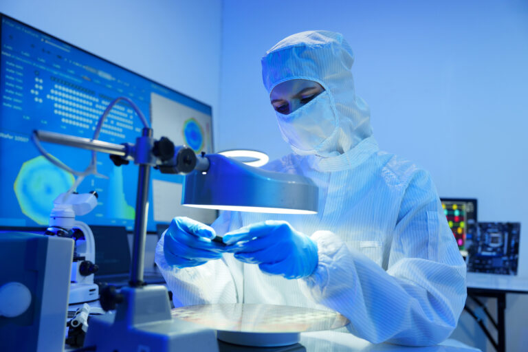 Engineers in sterile suits work at a semiconductor manufacturing plant using microscopes in a lab